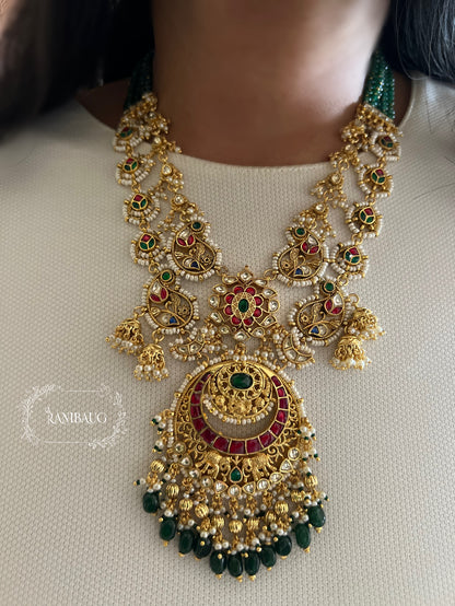 Lavanya Layered Gold Finish Ruby Emerald Bridal Necklace Set By Ranibaug