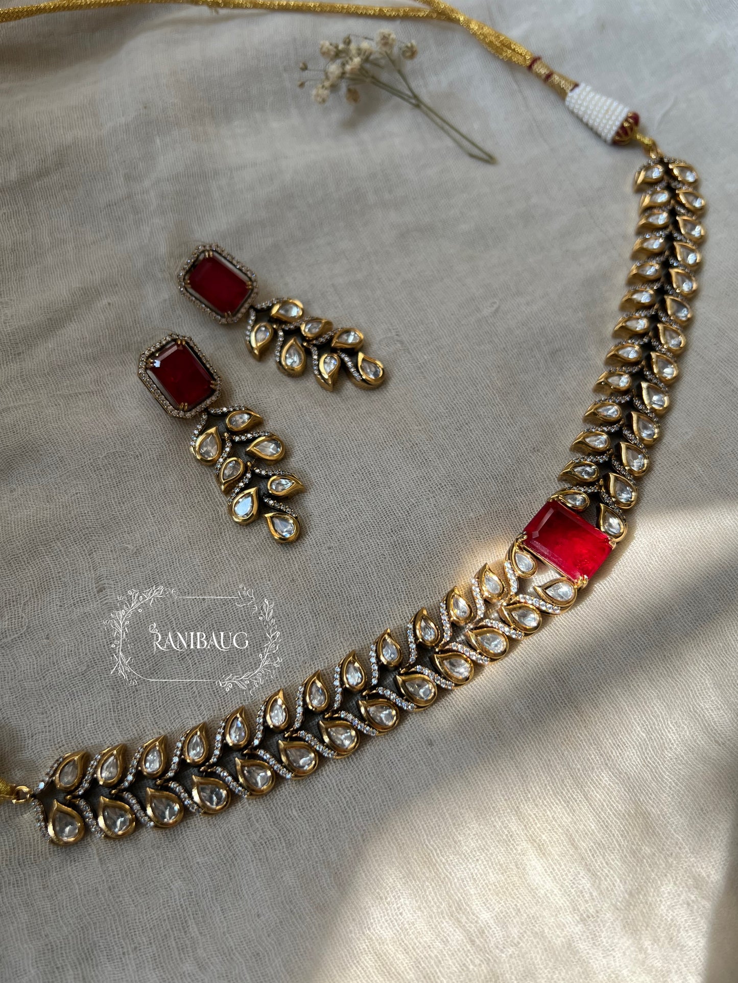 Lavanya Leaflet Filigree Pattern Polki Studded Necklace Set In Rich Gold Finish By Ranibaug