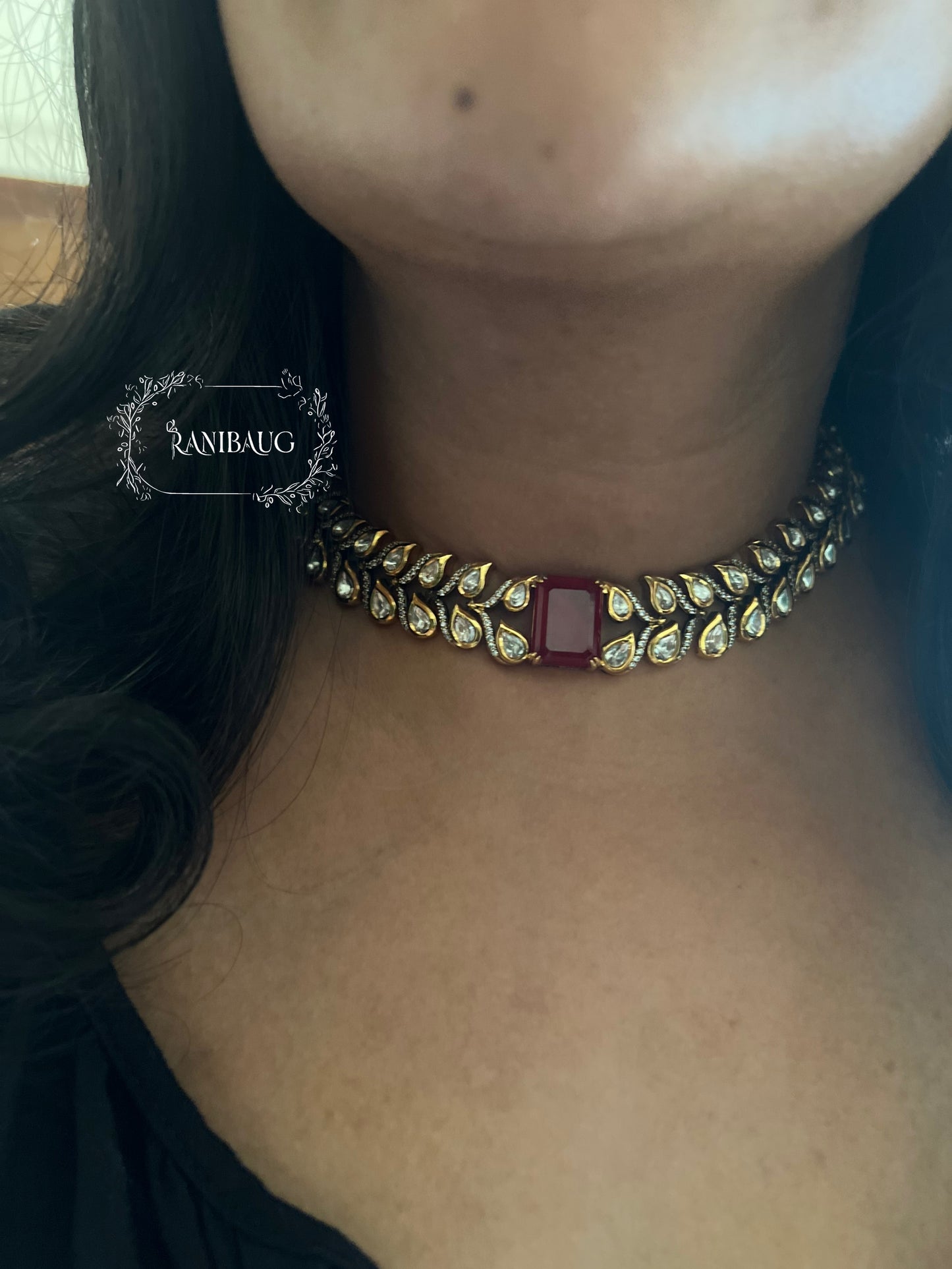 Lavanya Leaflet Filigree Pattern Polki Studded Necklace Set In Rich Gold Finish By Ranibaug