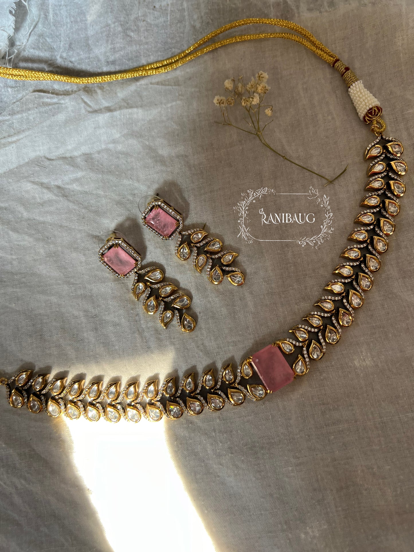 Lavanya Leaflet Filigree Pattern Polki Studded Necklace Set In Rich Gold Finish By Ranibaug