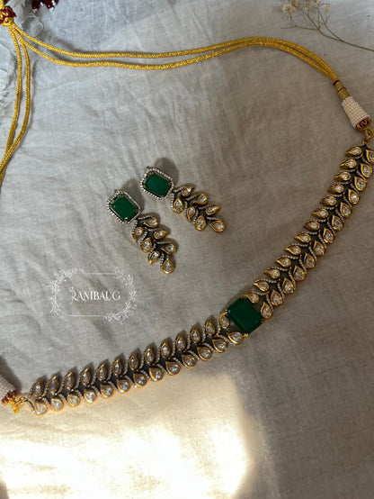 Lavanya Leaflet Filigree Pattern Polki Studded Necklace Set In Rich Gold Finish By Ranibaug