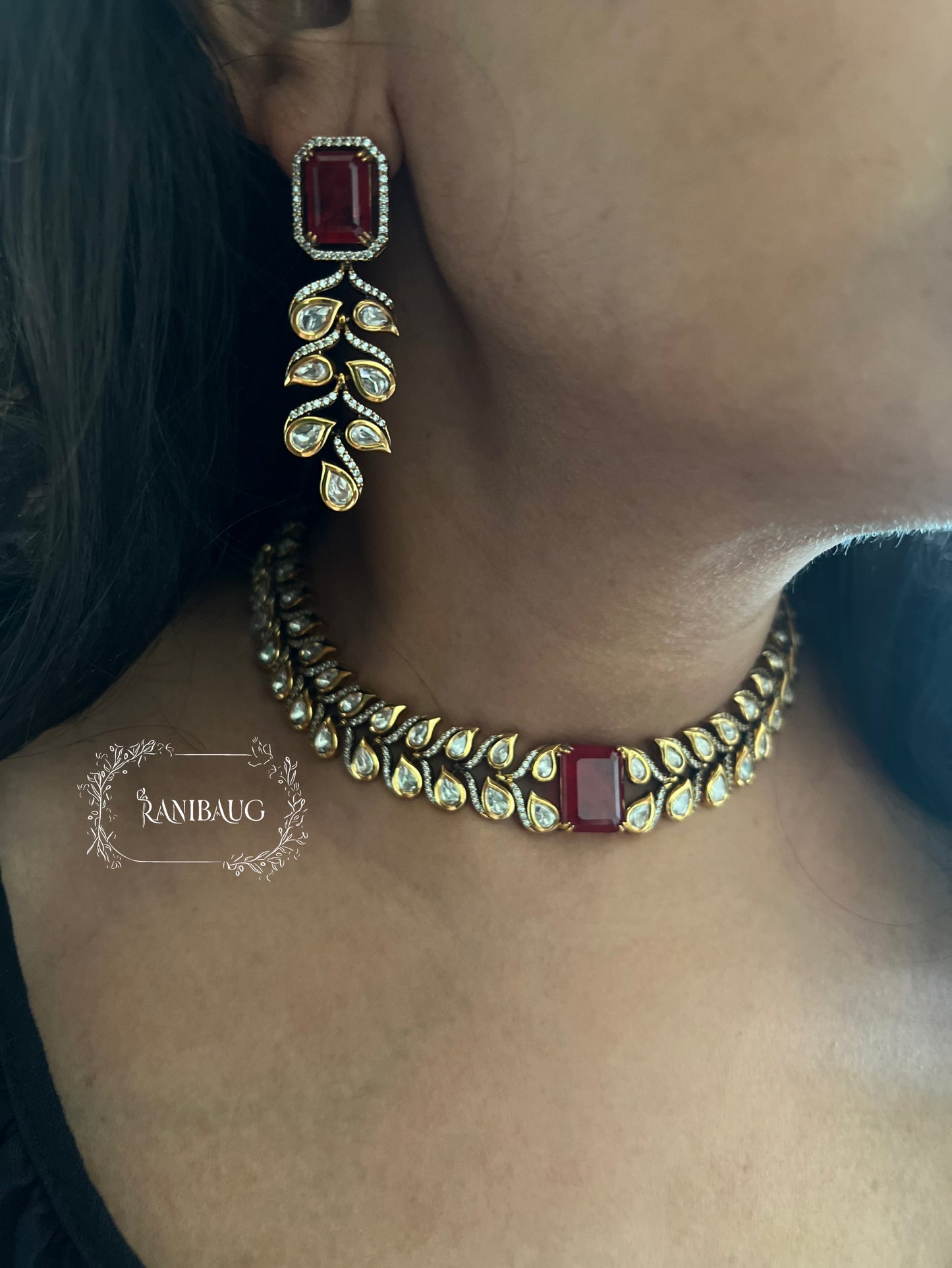 Lavanya Leaflet Filigree Pattern Polki Studded Necklace Set In Rich Gold Finish By Ranibaug