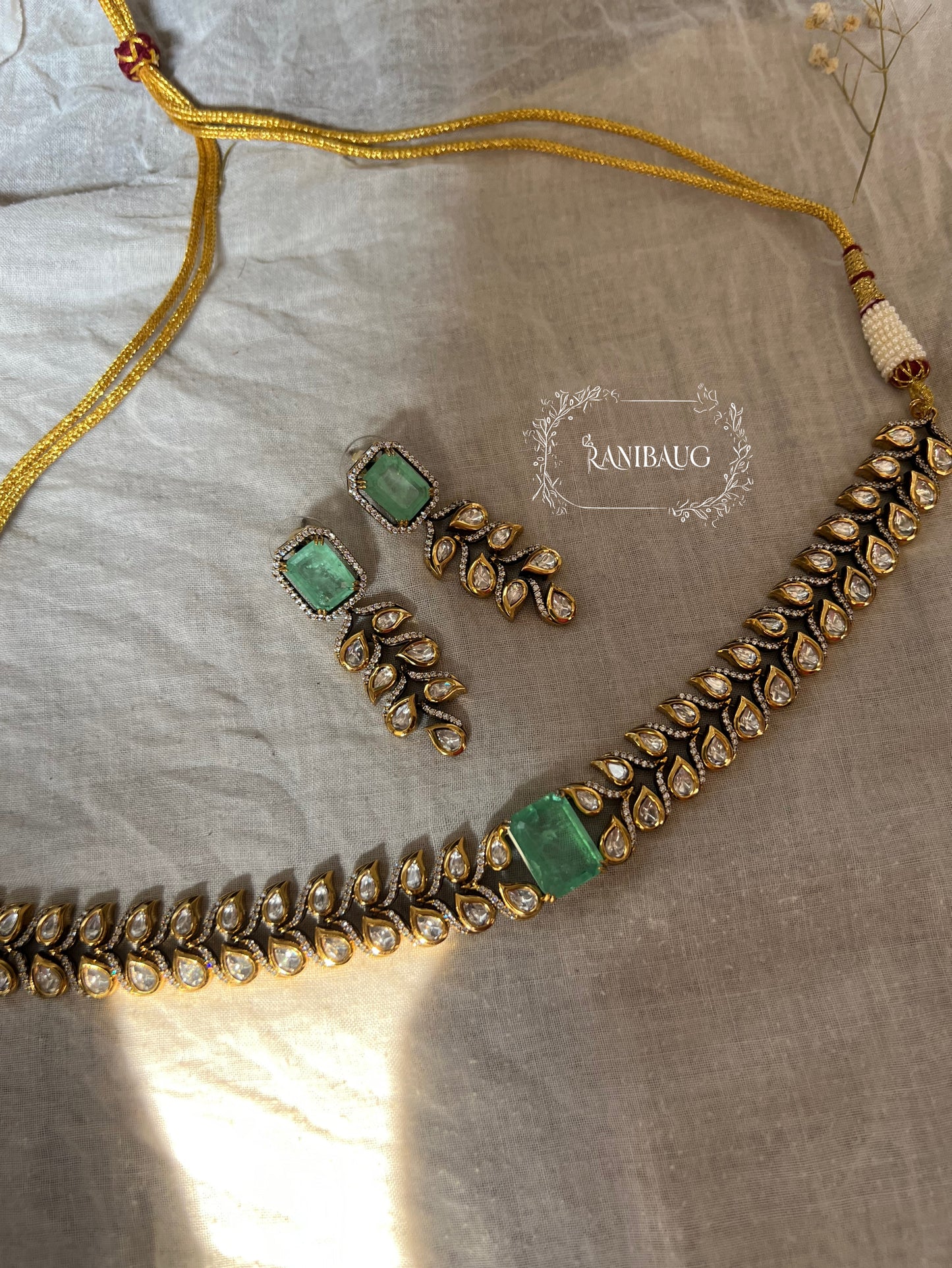 Lavanya Leaflet Filigree Pattern Polki Studded Necklace Set In Rich Gold Finish By Ranibaug