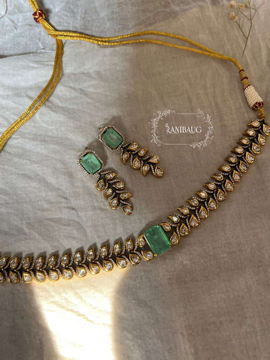 Lavanya Leaflet Filigree Pattern Polki Studded Necklace Set In Rich Gold Finish By Ranibaug