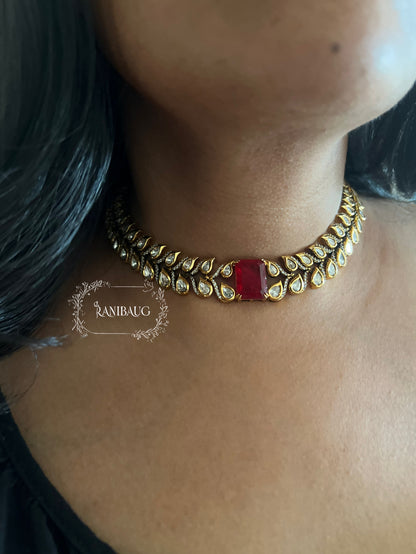 Lavanya Leaflet Filigree Pattern Polki Studded Necklace Set In Rich Gold Finish By Ranibaug