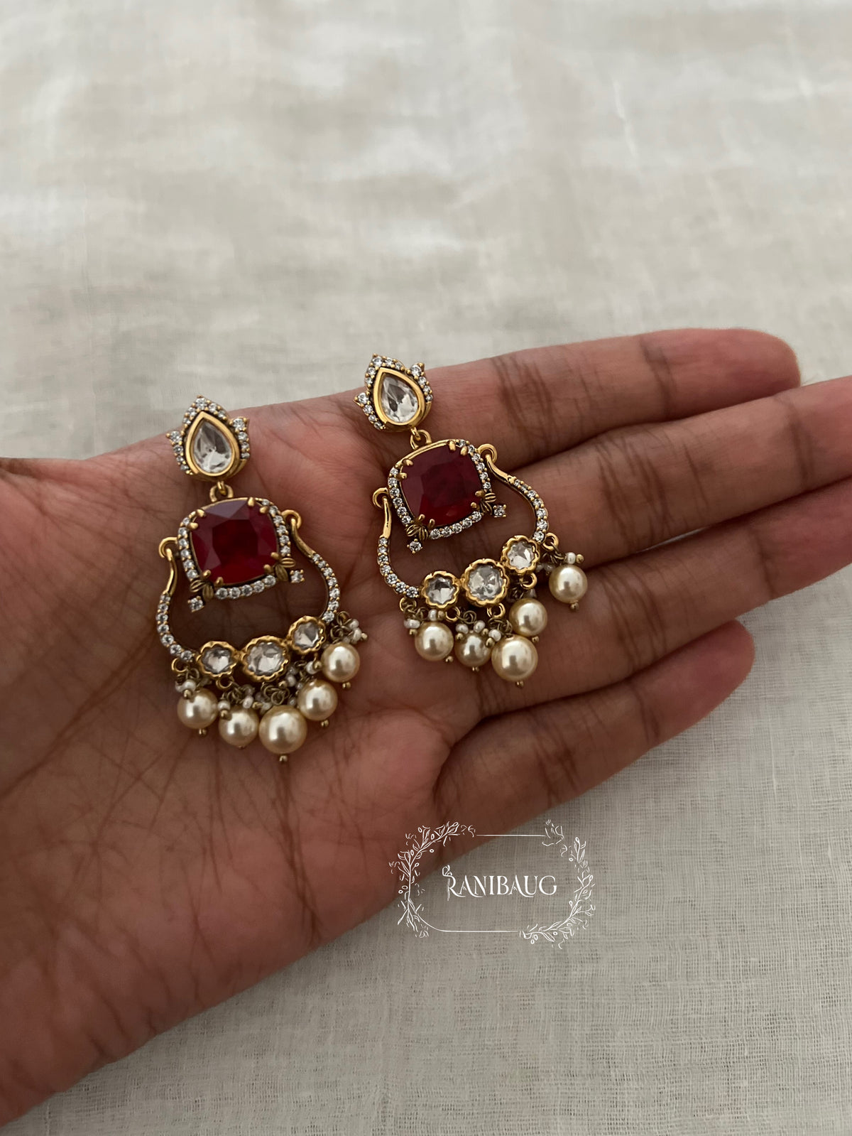 Lipika Polki Kundan Gemstone Gold Finish Pearl Drop Earrings By Ranibaug