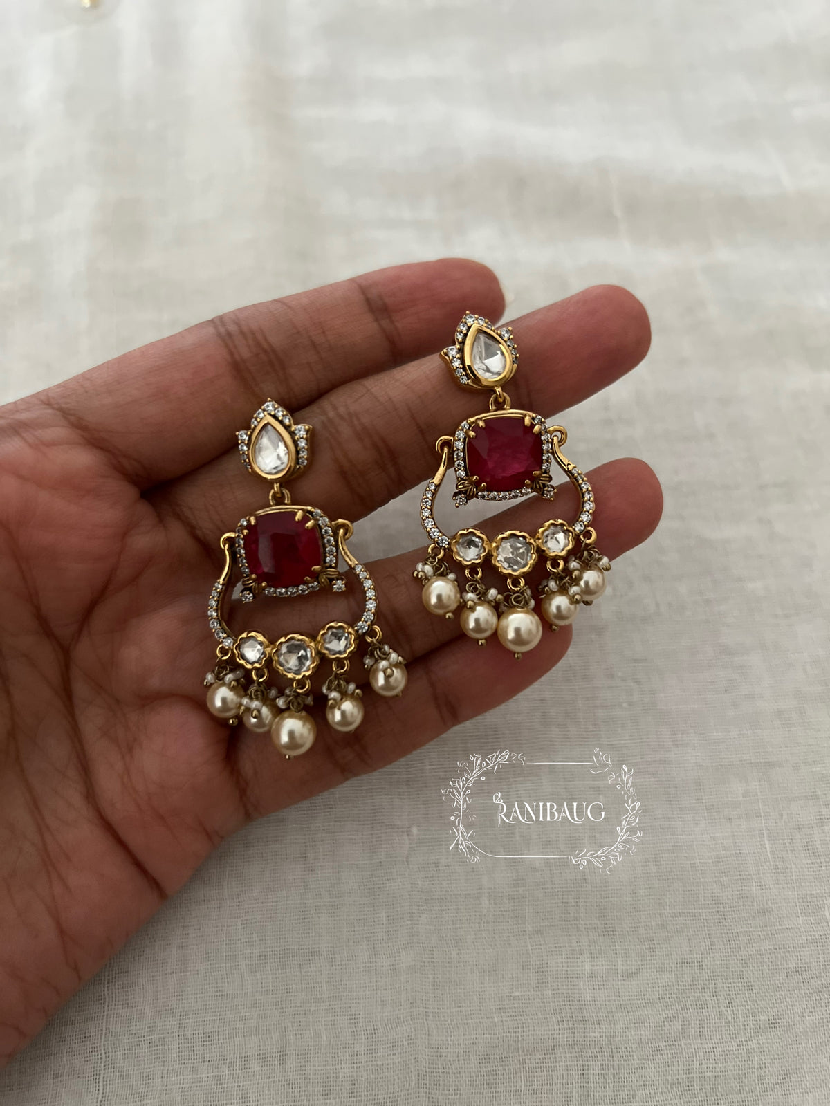 Lipika Polki Kundan Gemstone Gold Finish Pearl Drop Earrings By Ranibaug