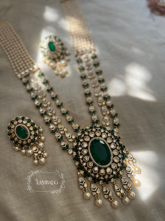 Maahi Emerald Gemstone Victorian Finish Polki Royal Wedding Bridal Jewellery Set By Ranibaug