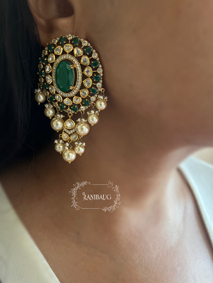 Maahi Emerald Gemstone Victorian Finish Polki Royal Wedding Bridal Jewellery Set By Ranibaug