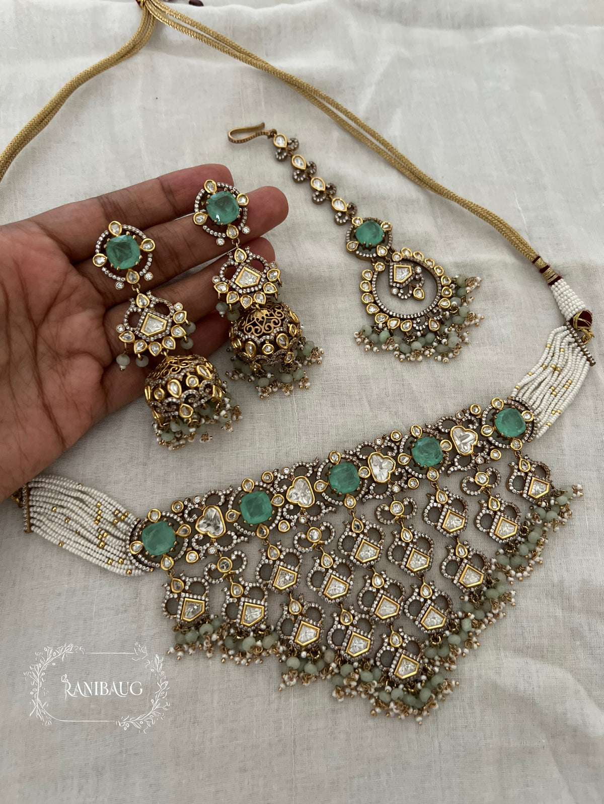 Madhura Polki Victorian Style Designer Choker Necklace Set With Maang Tikka By Ranibaug