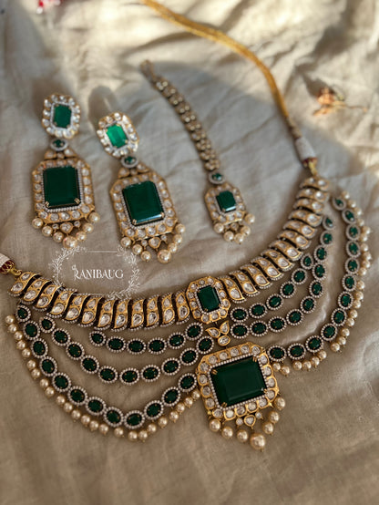 Maharani Victorian Finish Emerald Bold Green Gemstone Royal Jewellery Set By Ranibaug