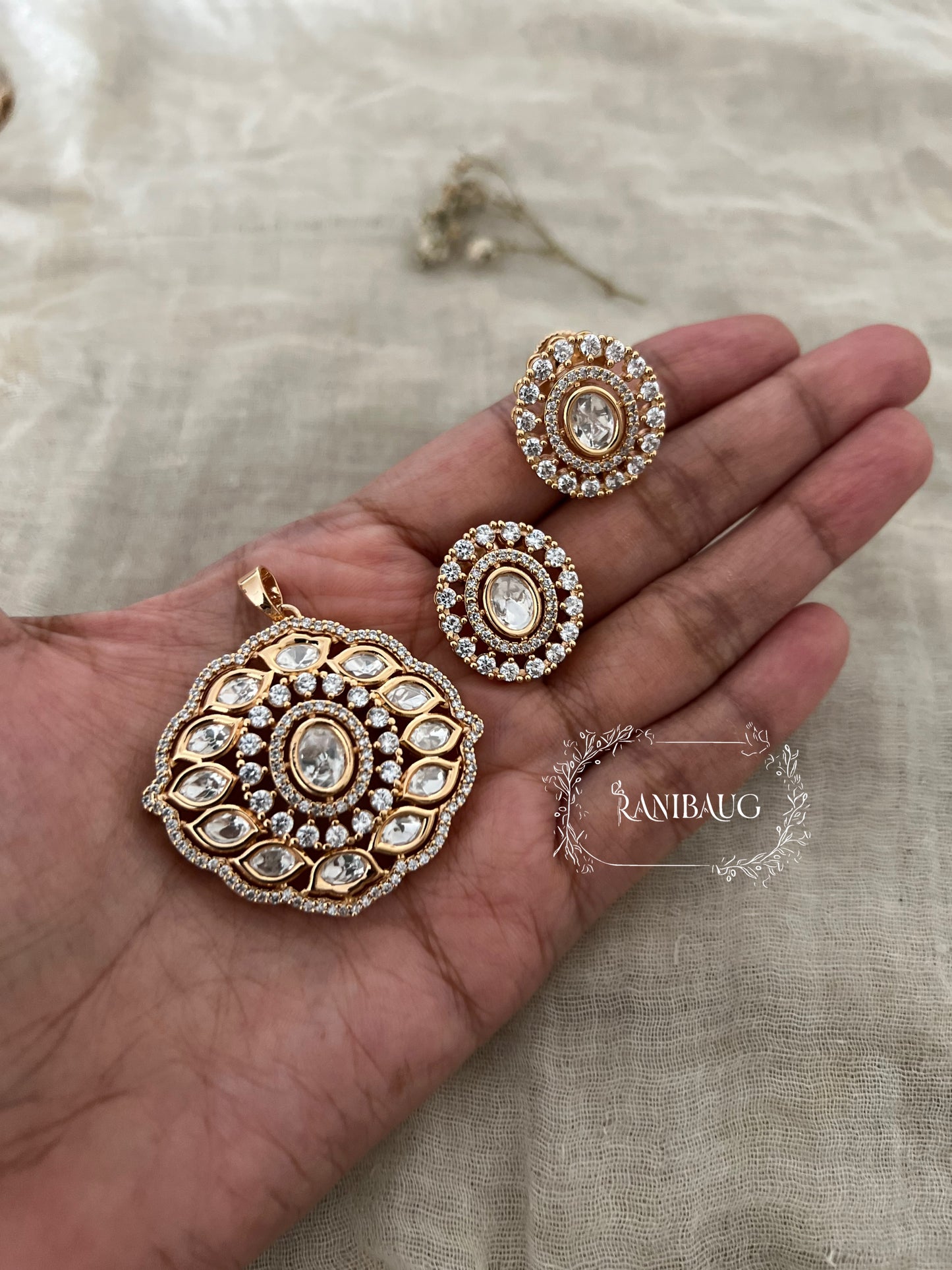 Maharani's Shringar Mossainite Pendant Set In Premium Gold Finish | A Luxury Statement Jewelry Piece By Ranibaug