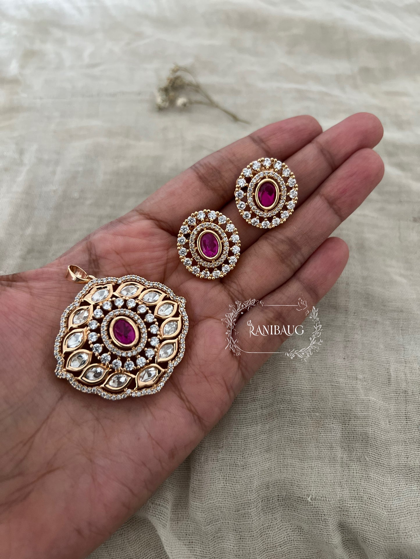 Maharani's Shringar Mossainite Pendant Set In Premium Gold Finish | A Luxury Statement Jewelry Piece By Ranibaug