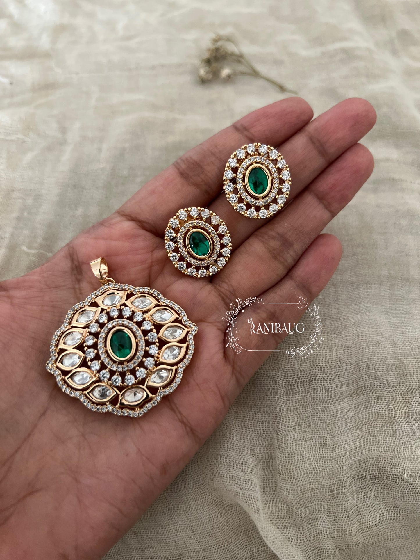 Maharani's Shringar Mossainite Pendant Set In Premium Gold Finish | A Luxury Statement Jewelry Piece By Ranibaug