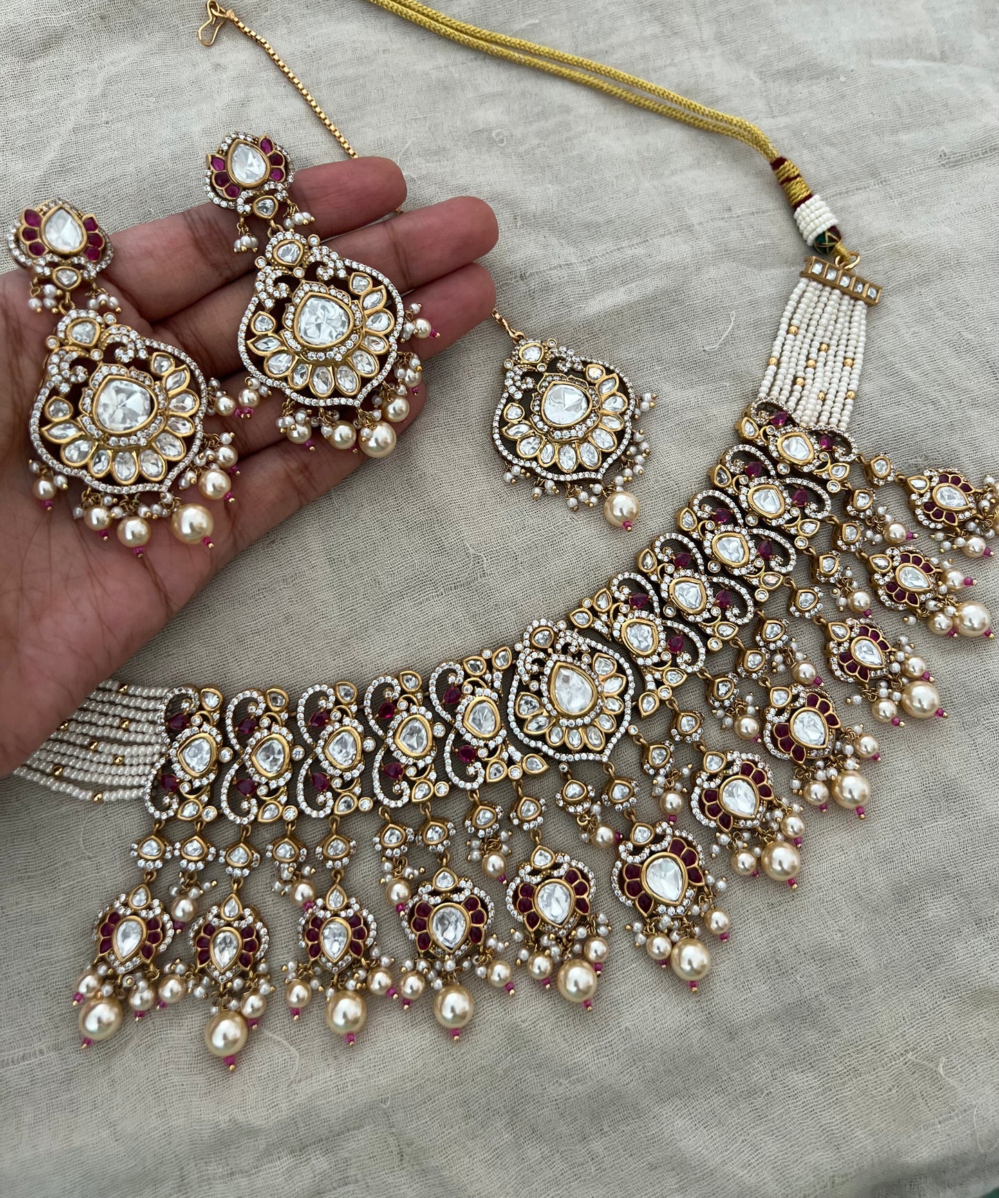Mahek Royal Polki And Pearl Victorian Bridal Set With Maang Tikka By Ranibaug