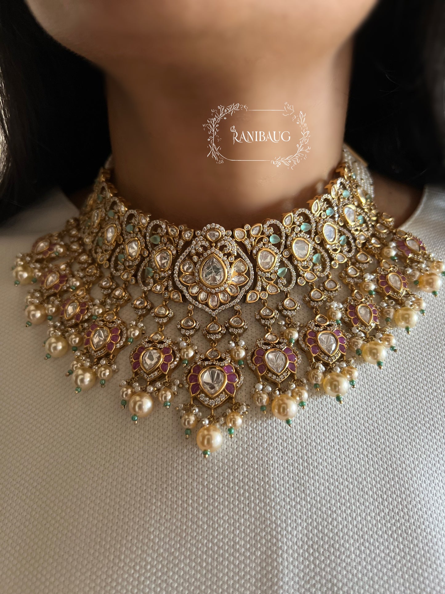 Mahek Royal Polki And Pearl Victorian Bridal Set With Maang Tikka By Ranibaug