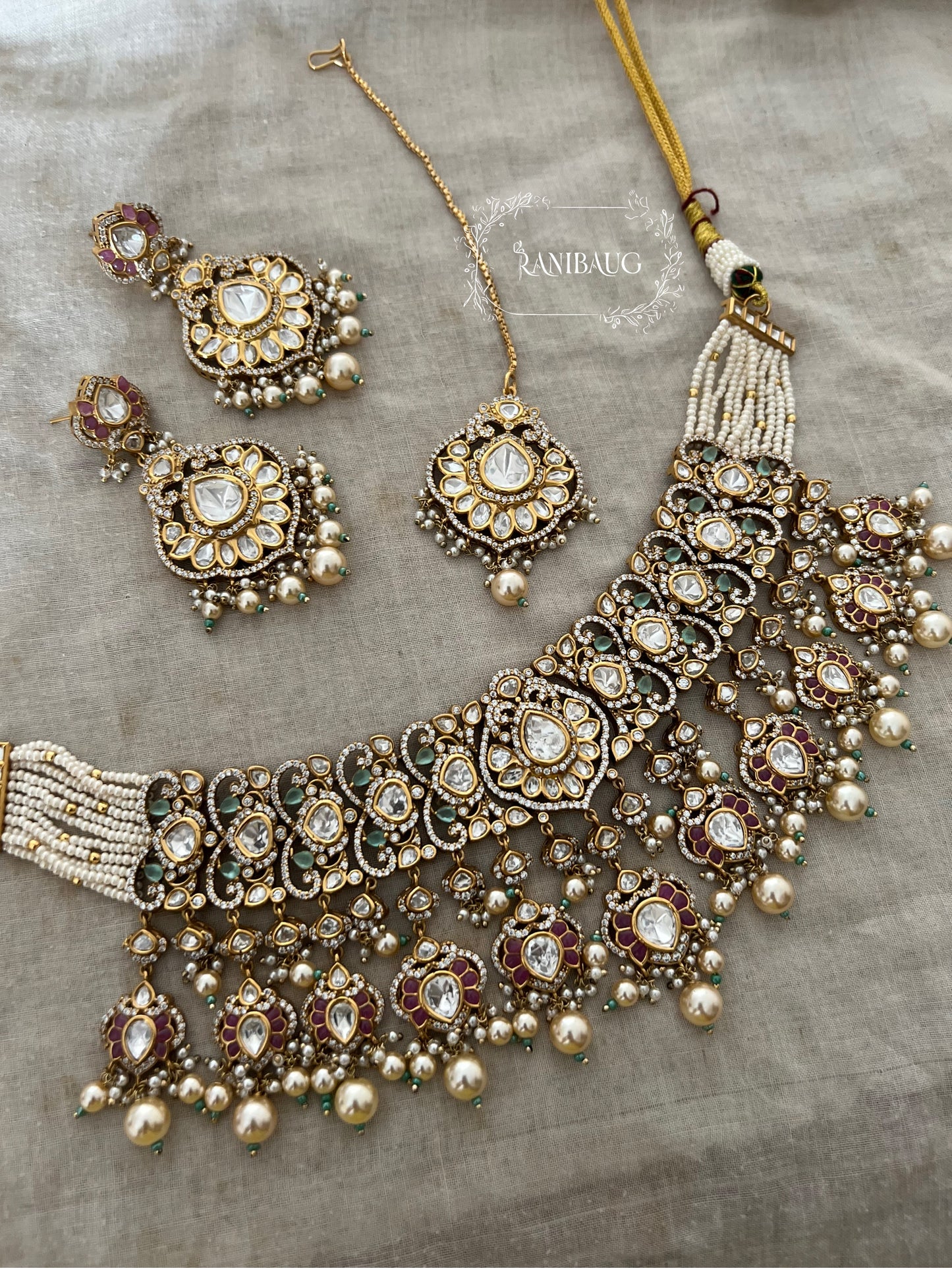 Mahek Royal Polki And Pearl Victorian Bridal Set With Maang Tikka By Ranibaug