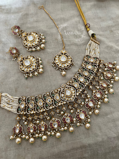 Mahek Royal Polki And Pearl Victorian Bridal Set With Maang Tikka By Ranibaug