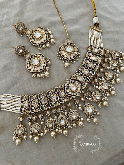 Mahek Royal Polki And Pearl Victorian Bridal Set With Maang Tikka By Ranibaug