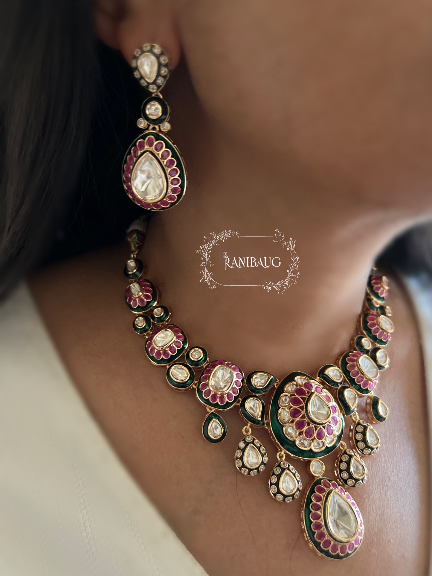 Maheshwari Polki Drops Gold Finish Emerald Ruby Toned Necklace Set By Ranibaug