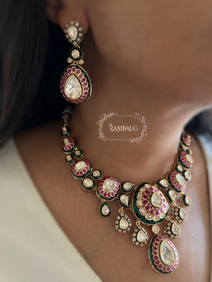 Maheshwari Polki Drops Gold Finish Emerald Ruby Toned Necklace Set By Ranibaug