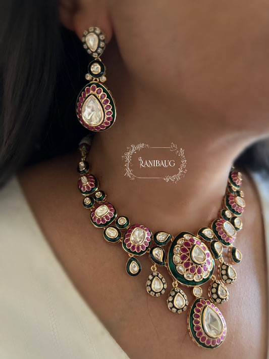 Maheshwari Polki Drops Gold Finish Emerald Ruby Toned Necklace Set By Ranibaug