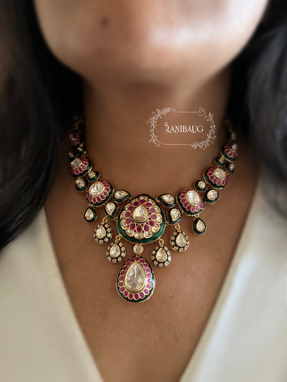 Maheshwari Polki Drops Gold Finish Emerald Ruby Toned Necklace Set By Ranibaug