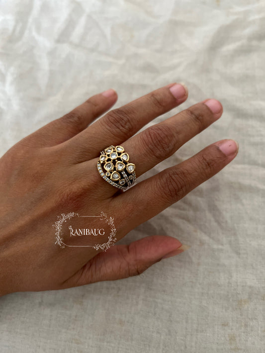 Mahika Floral Subtle Polki Bloom Layered Finger Ring Festive Jewelry By Ranibaug