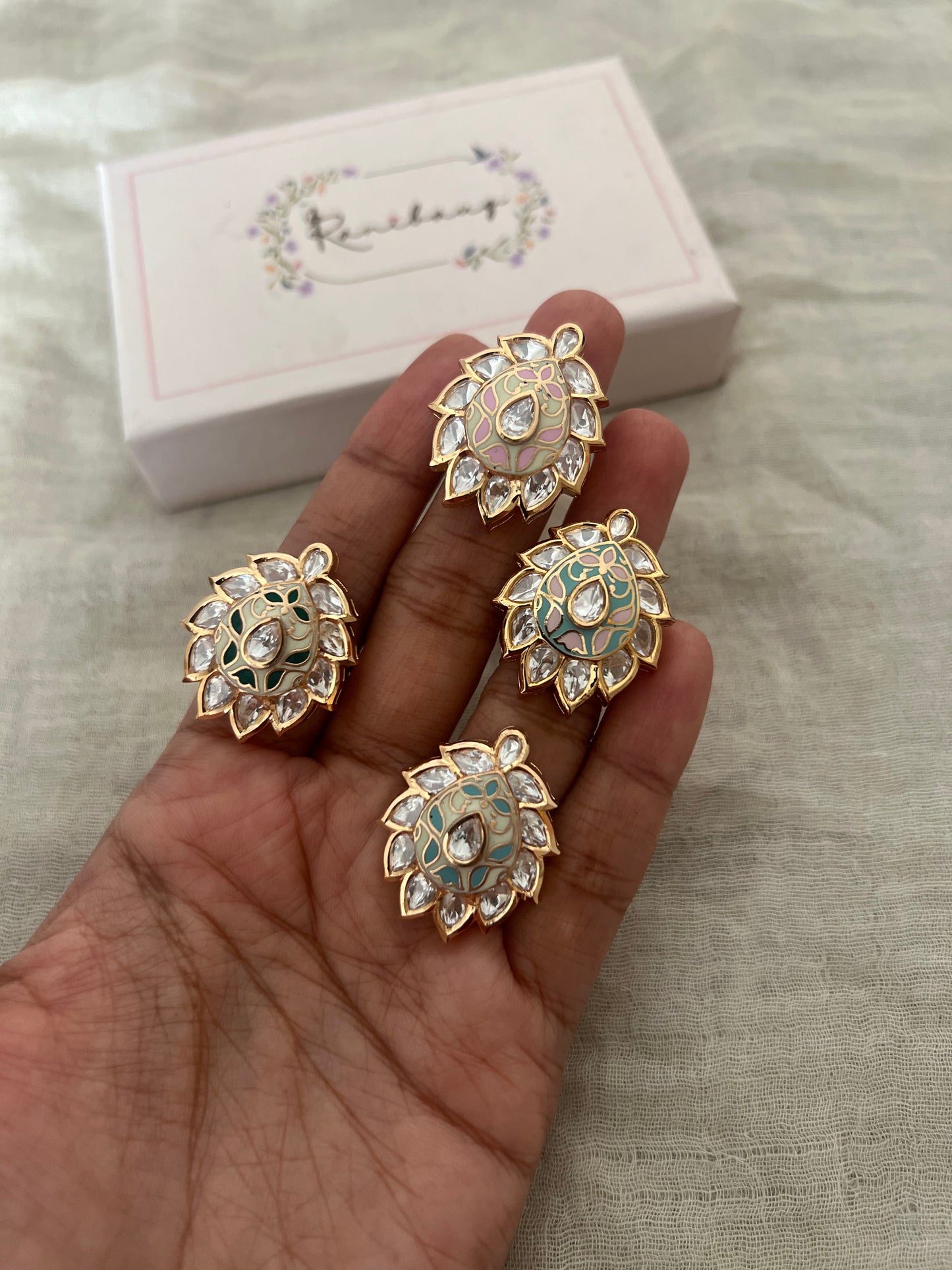 Mahika Leaf Meenakari Work Inspired Ring With Single Kundan By Ranibaug