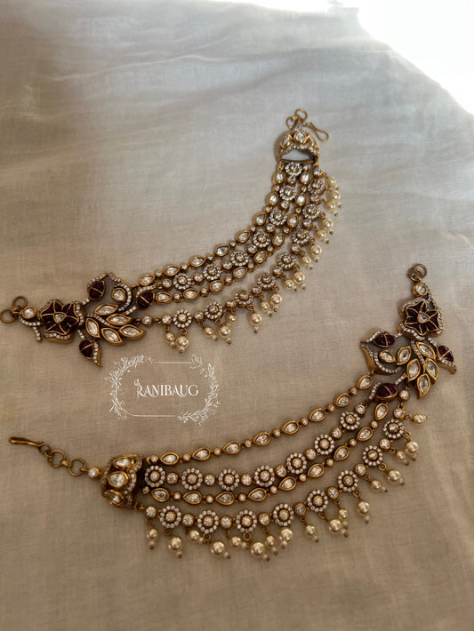 Mahika Polki Kundan Pearl Adorned Floral Gold Finish Hair Chain Jewellery For Wedding By Ranibaug