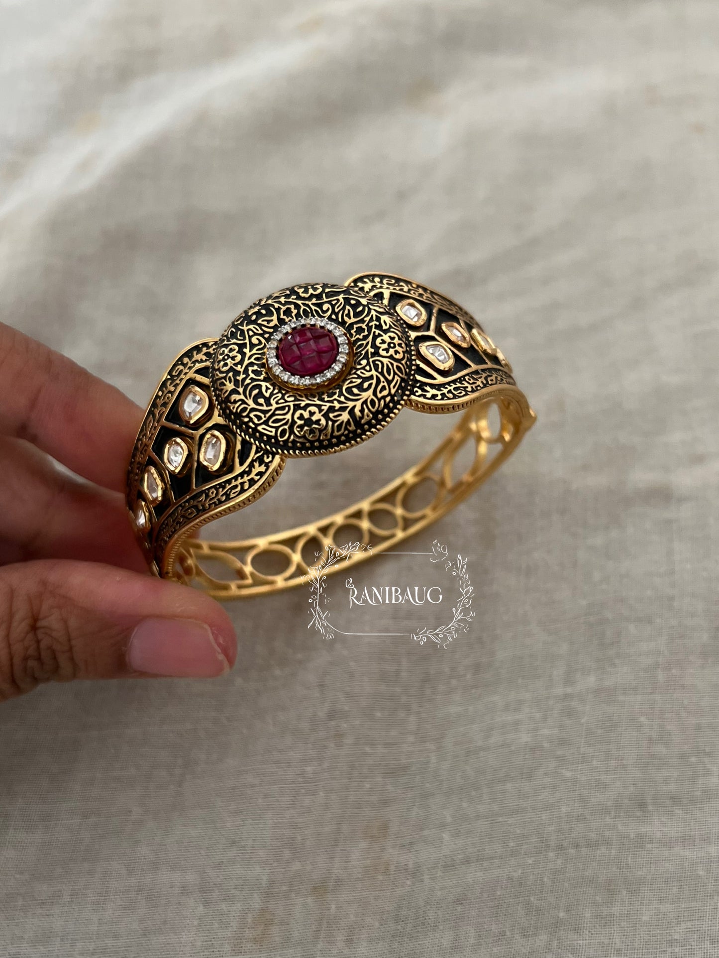 Mahima Antique Gold Heritage Style Kada Bracelet With Red Center Motif By Ranibaug