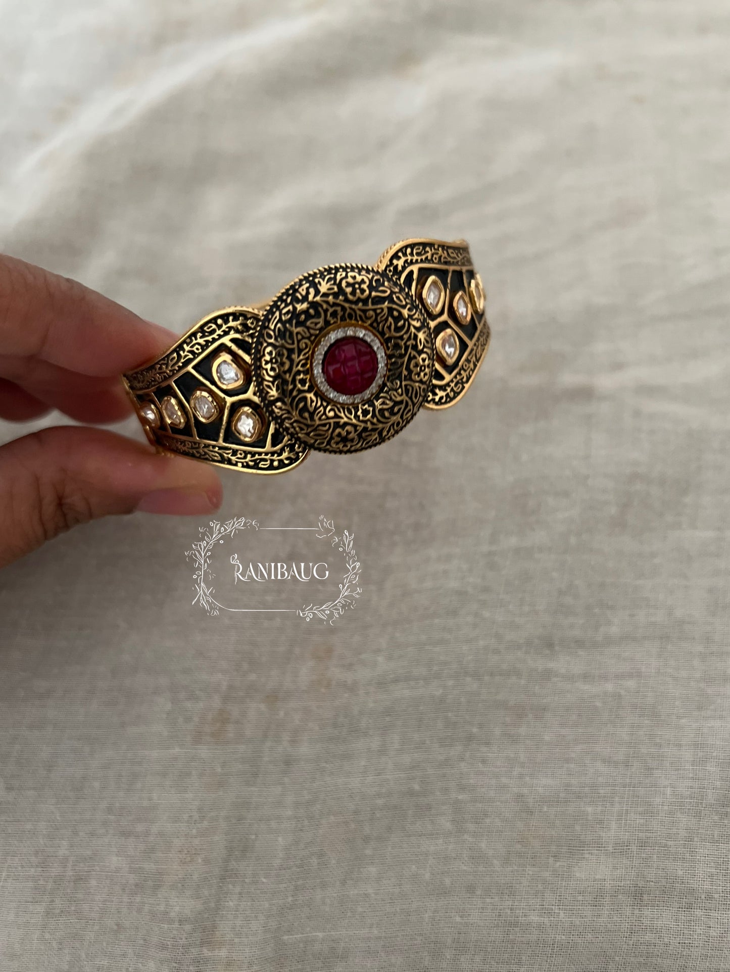 Mahima Antique Gold Heritage Style Kada Bracelet With Red Center Motif By Ranibaug