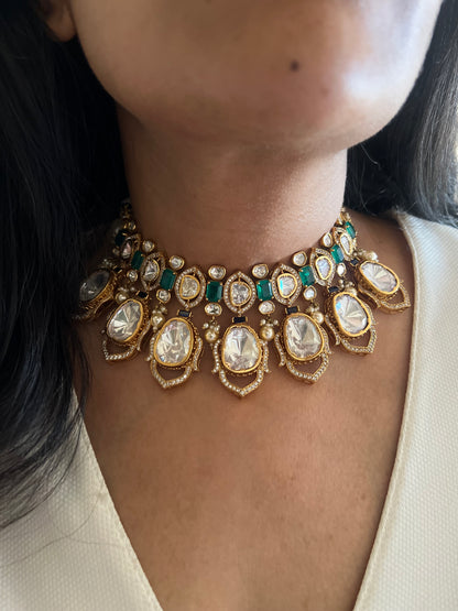 Mahima Bold Huge Polki Kundan Necklace In Rich Gold Plating Jewellery Set By Ranibaug