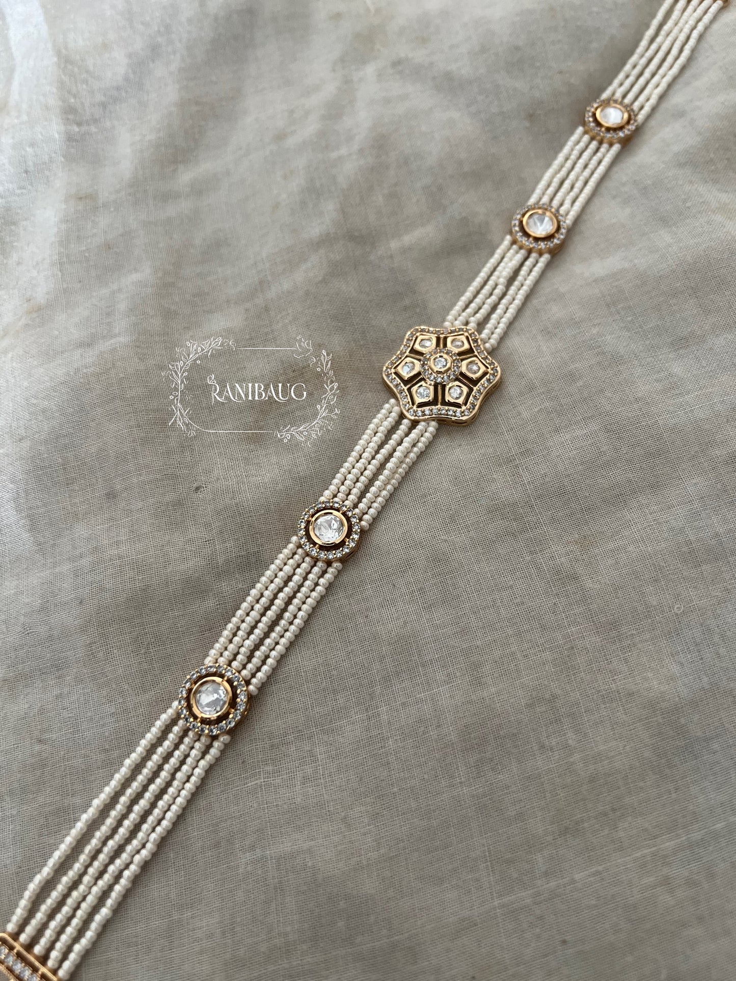 Maithili Polki Kundan Floral Centerpiece Sheeshpatti With Layered Pearl Strands By Ranibaug