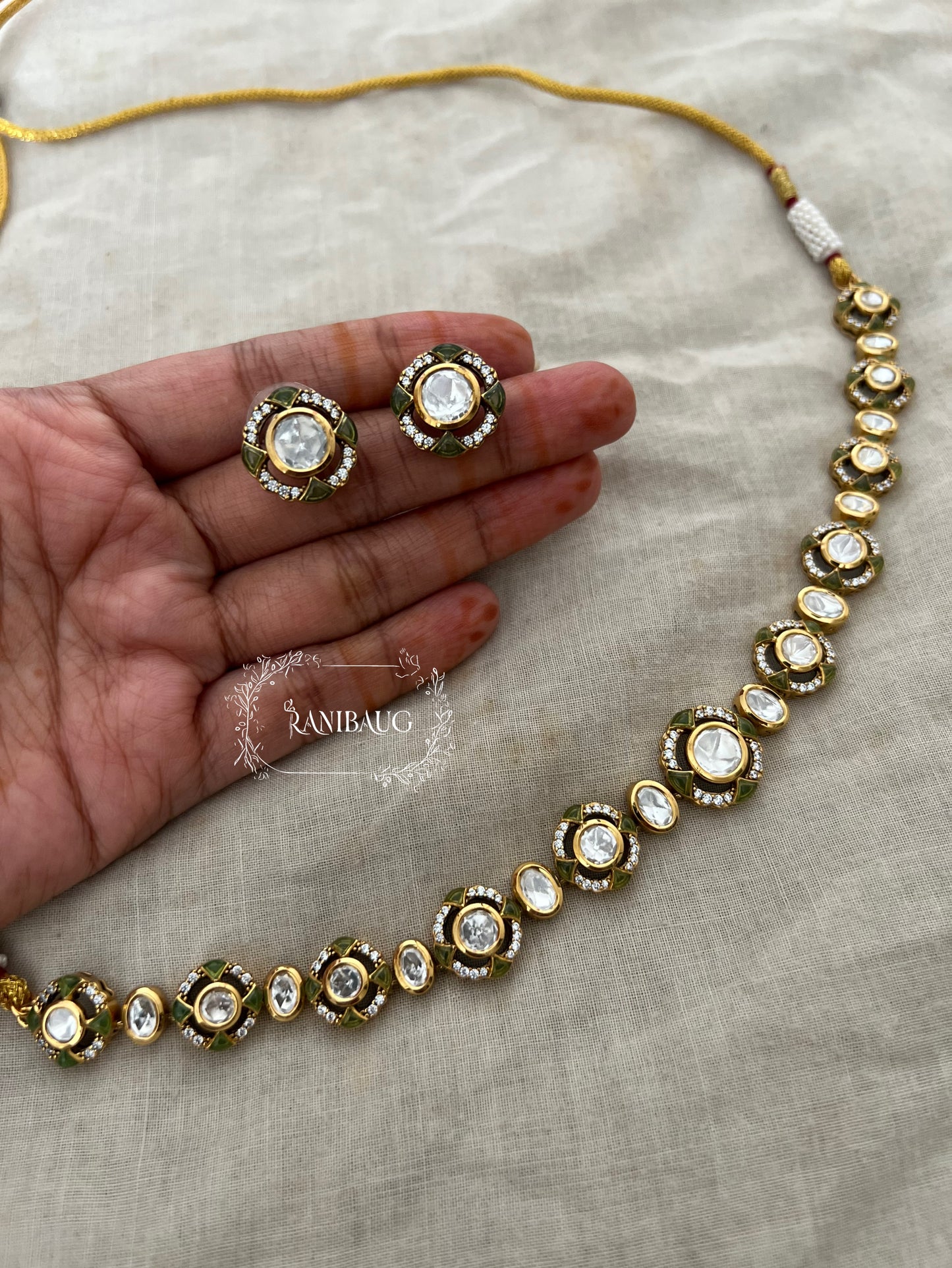 Maithili Polki Studded Subtle Cute Minimal Necklace Set By Ranibaug