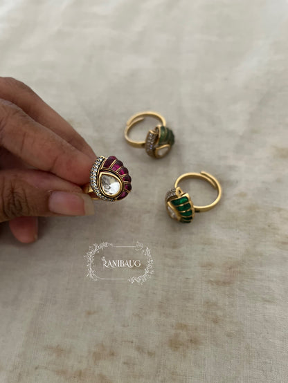 Maitri Leaf Designer Polki Enamel Gold Finish Minimal Ring Jewelry For Wedding By Ranibaug