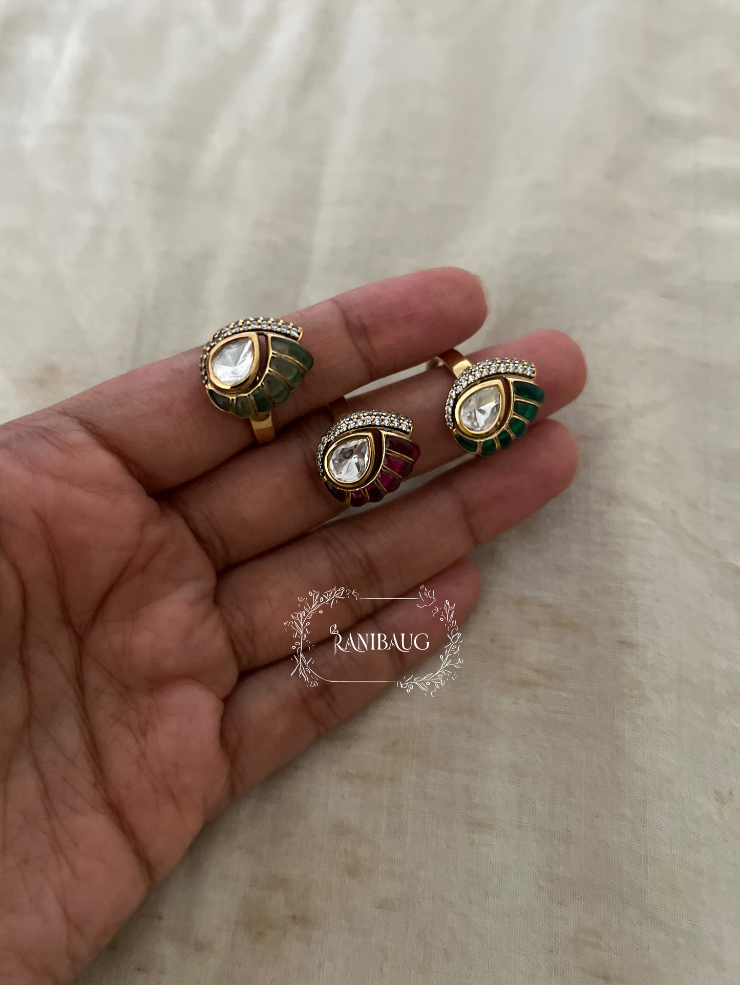Maitri Leaf Designer Polki Enamel Gold Finish Minimal Ring Jewelry For Wedding By Ranibaug