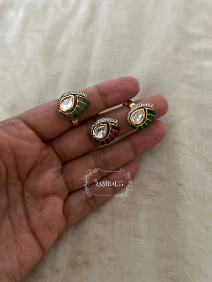 Maitri Leaf Designer Polki Enamel Gold Finish Minimal Ring Jewelry For Wedding By Ranibaug