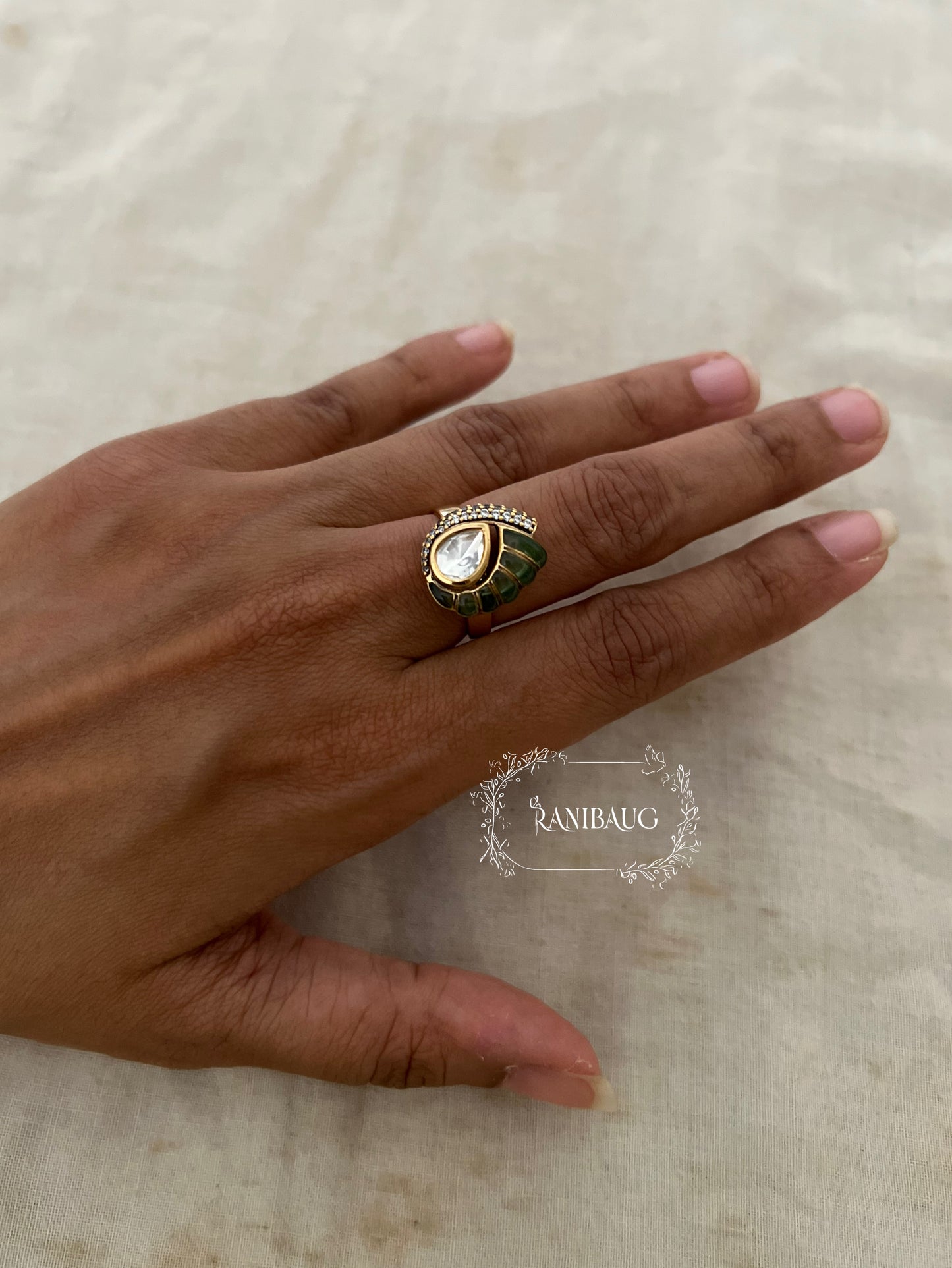 Maitri Leaf Designer Polki Enamel Gold Finish Minimal Ring Jewelry For Wedding By Ranibaug