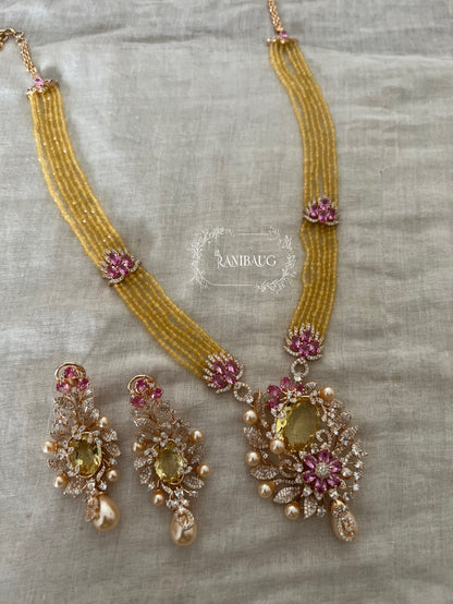 Maitrika Amber Yellow Gold Finish Floral Diamond Motif Beaded Necklace Set By Ranibaug
