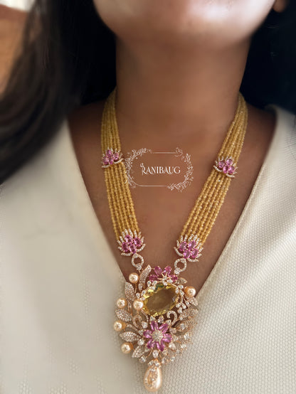 Maitrika Amber Yellow Gold Finish Floral Diamond Motif Beaded Necklace Set By Ranibaug