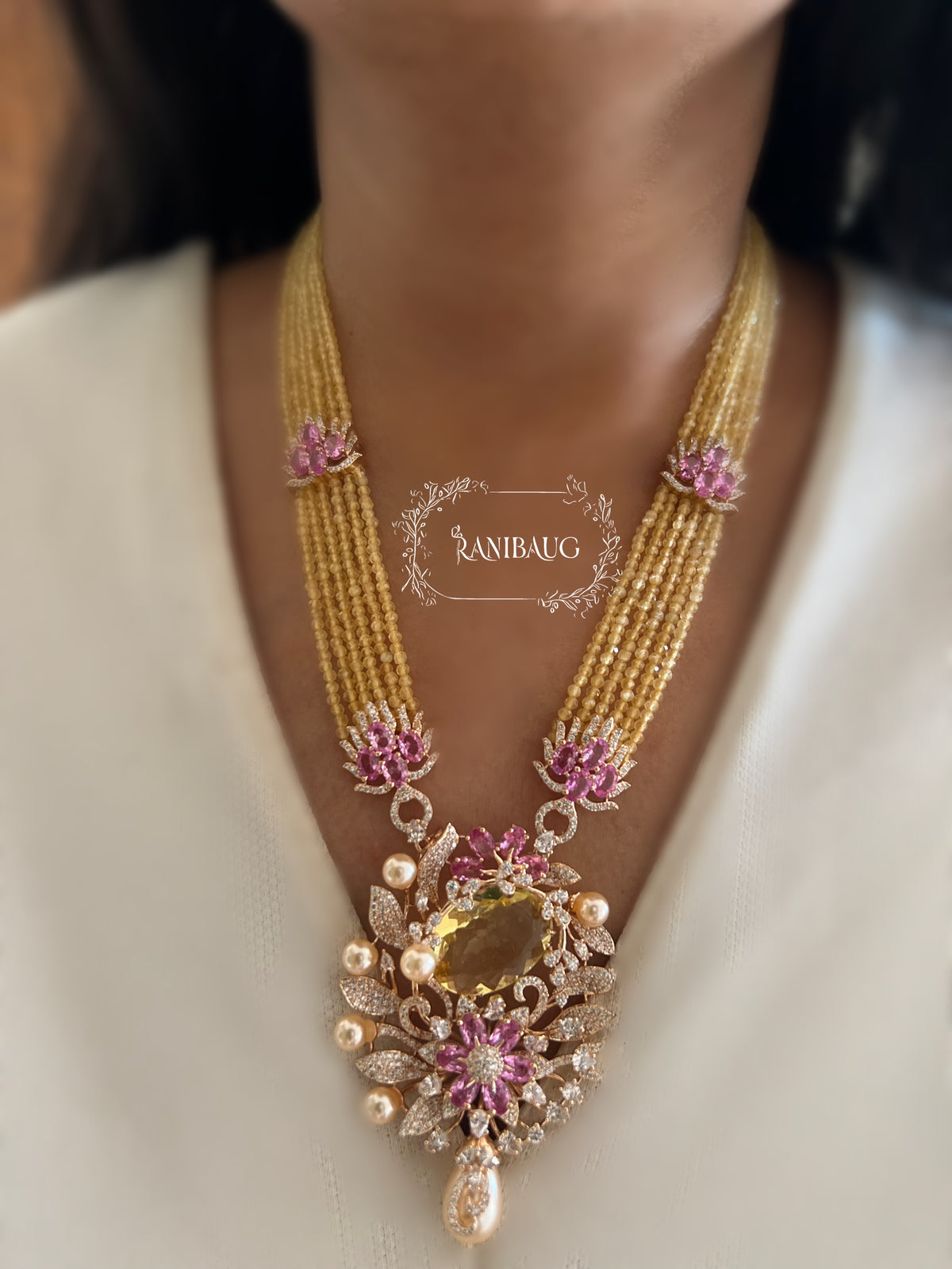 Maitrika Amber Yellow Gold Finish Floral Diamond Motif Beaded Necklace Set By Ranibaug