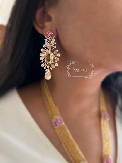 Maitrika Amber Yellow Gold Finish Floral Diamond Motif Beaded Necklace Set By Ranibaug