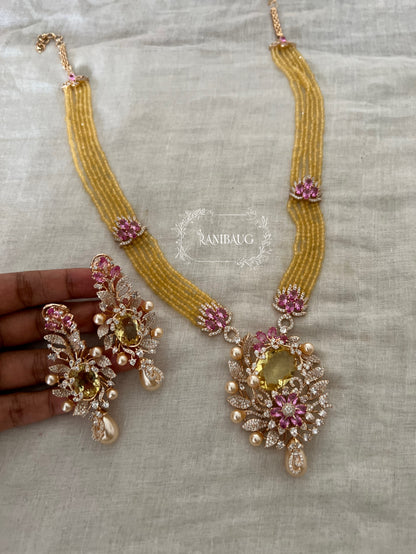Maitrika Amber Yellow Gold Finish Floral Diamond Motif Beaded Necklace Set By Ranibaug