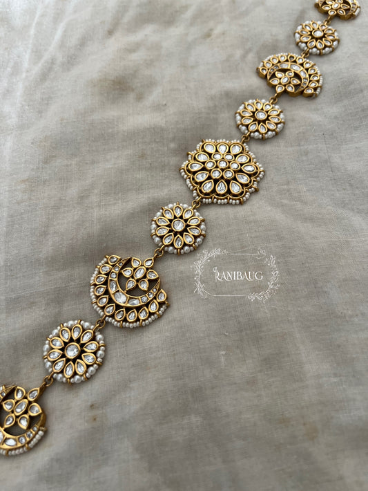 Mallika Floral And Crescent Kundan Motif Sheesh Patti Hair Jewellery In Rich Gold Finish And Premium Pearl Outlining By Ranibaug
