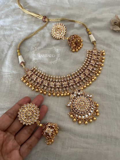 Mallika Heritage Heavy Gold Finish In Emerald And Ruby Accents Temple Necklace Jewellery Set By Ranibaug