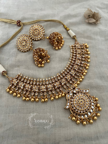 Mallika Heritage Heavy Gold Finish In Emerald And Ruby Accents Temple Necklace Jewellery Set By Ranibaug