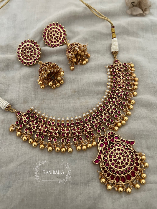 Mallika Heritage Heavy Gold Finish In Emerald And Ruby Accents Temple Necklace Jewellery Set By Ranibaug