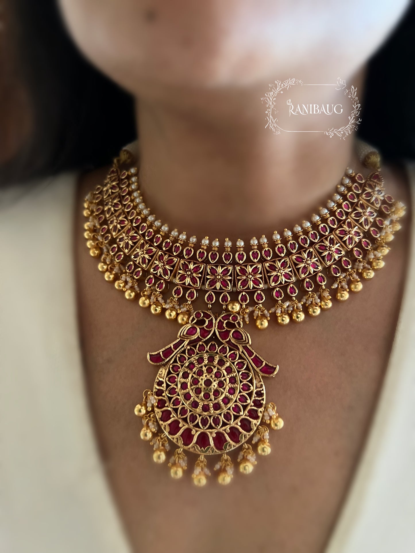 Mallika Heritage Heavy Gold Finish In Emerald And Ruby Accents Temple Necklace Jewellery Set By Ranibaug