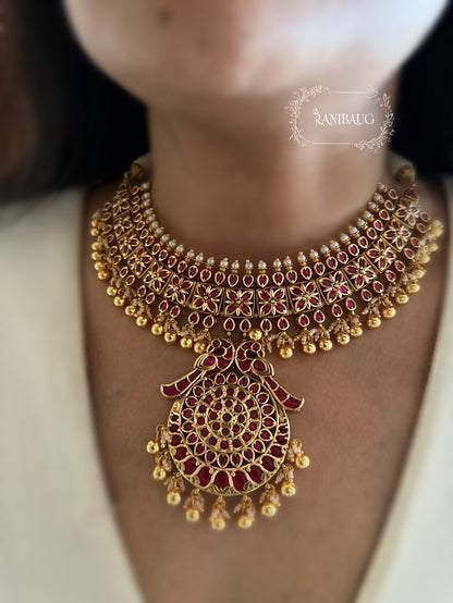 Mallika Heritage Heavy Gold Finish In Emerald And Ruby Accents Temple Necklace Jewellery Set By Ranibaug